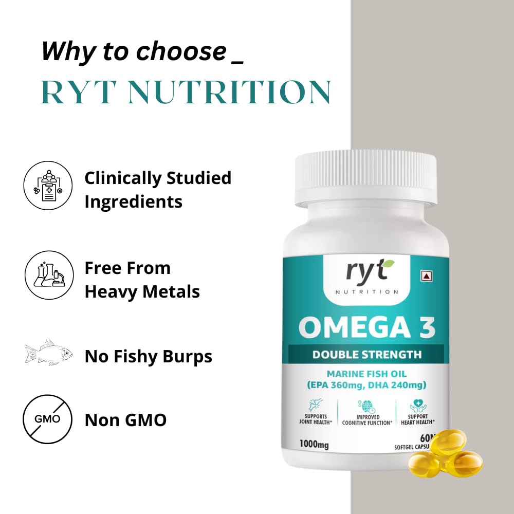 Omega 3 Double Strength Fish Oil for Men and Women (60 Capsules) | 1000mg Omega-3 with 36mg EPA & 240mg DHA | Supports Brain, Heart, Eye, and Joint Health.