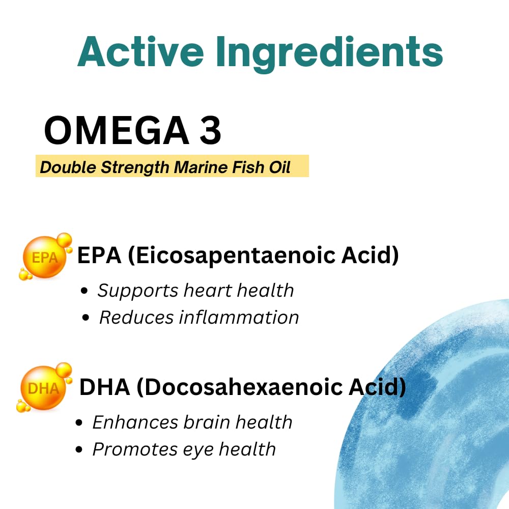 Omega 3 Double Strength Fish Oil for Men and Women (60 Capsules) | 1000mg Omega-3 with 36mg EPA & 240mg DHA | Supports Brain, Heart, Eye, and Joint Health.