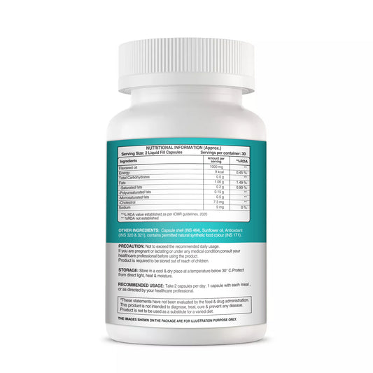 Flaxseed Oil (1000mg) - 60 Veg Capsules, With Omega 3 Fatty Acid Capsules High Absorption for Heart, Joint Support, Boost Immunity & Support Digestive health