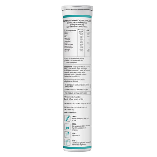 Apple Cider Vinegar Effervescent (500mg) - 20 Tablets (Apple Flavour), With Vitamin B12 & B6 | For Weight Management & Gut Health | No added Sugar | Easy to Carry & Consume