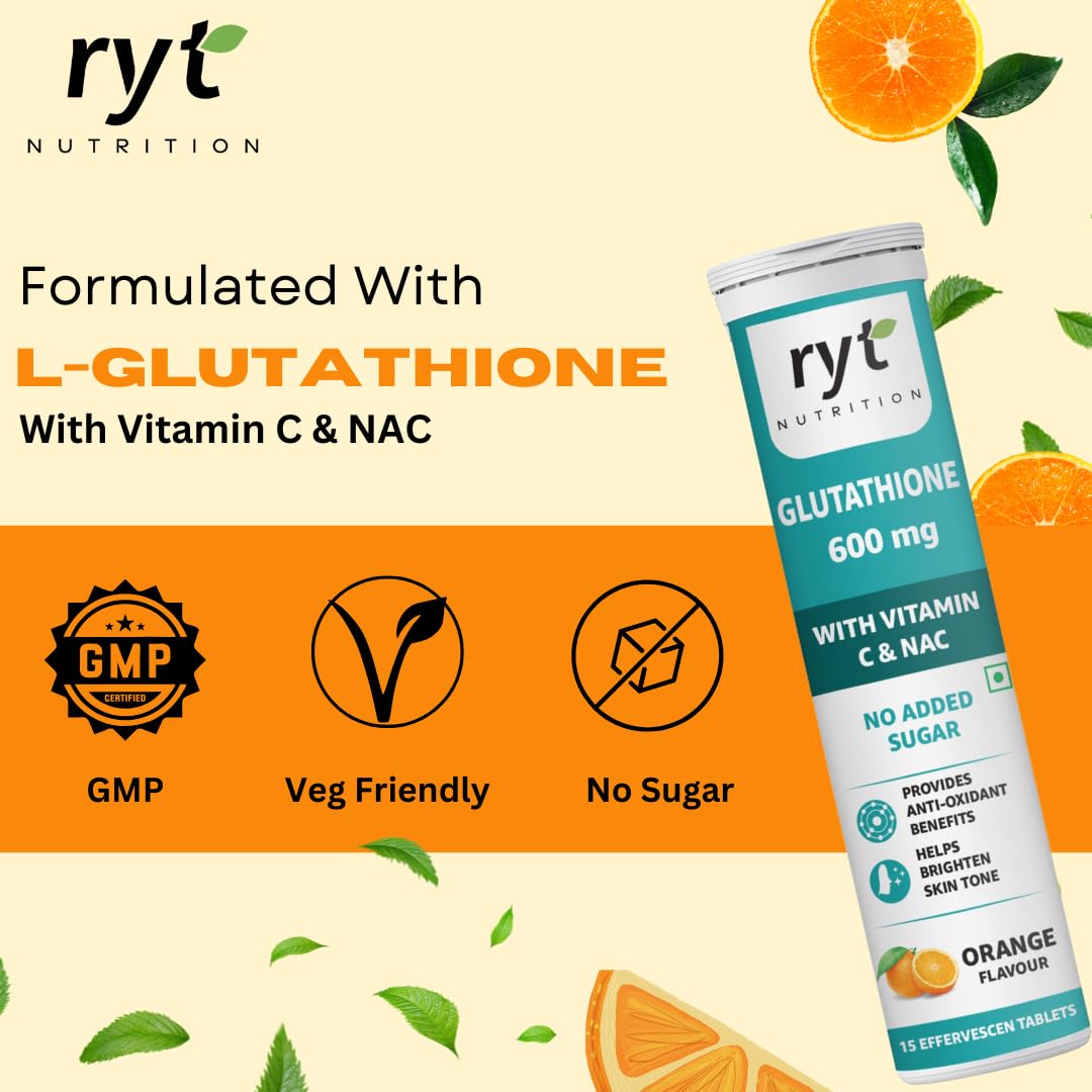 Glutathione (600mg), 15 Effervescent Tablets (Orange Flavour), With Vitamin C & NAC | For Skin Health For Men & Women, Detoxification, And Immunity Booster