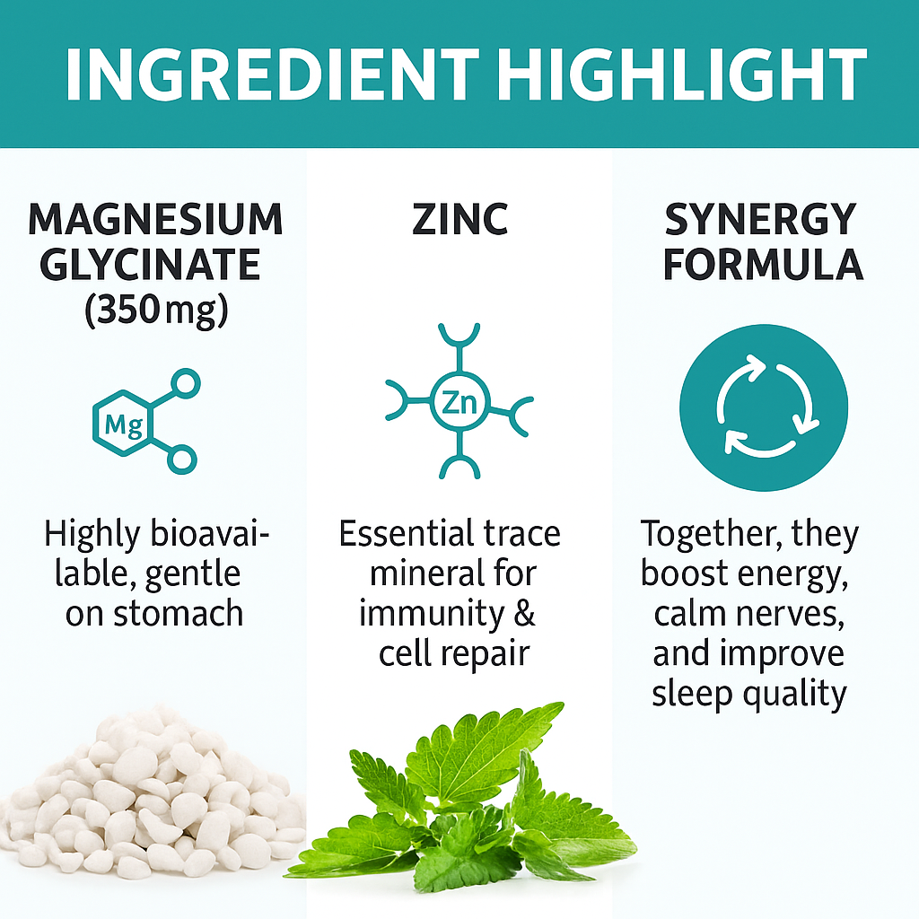Magnesium Glycinate with Zinc, 350mg, 60 Vegetarian Tablets, Supports Bone, Nerve and Muscle Health