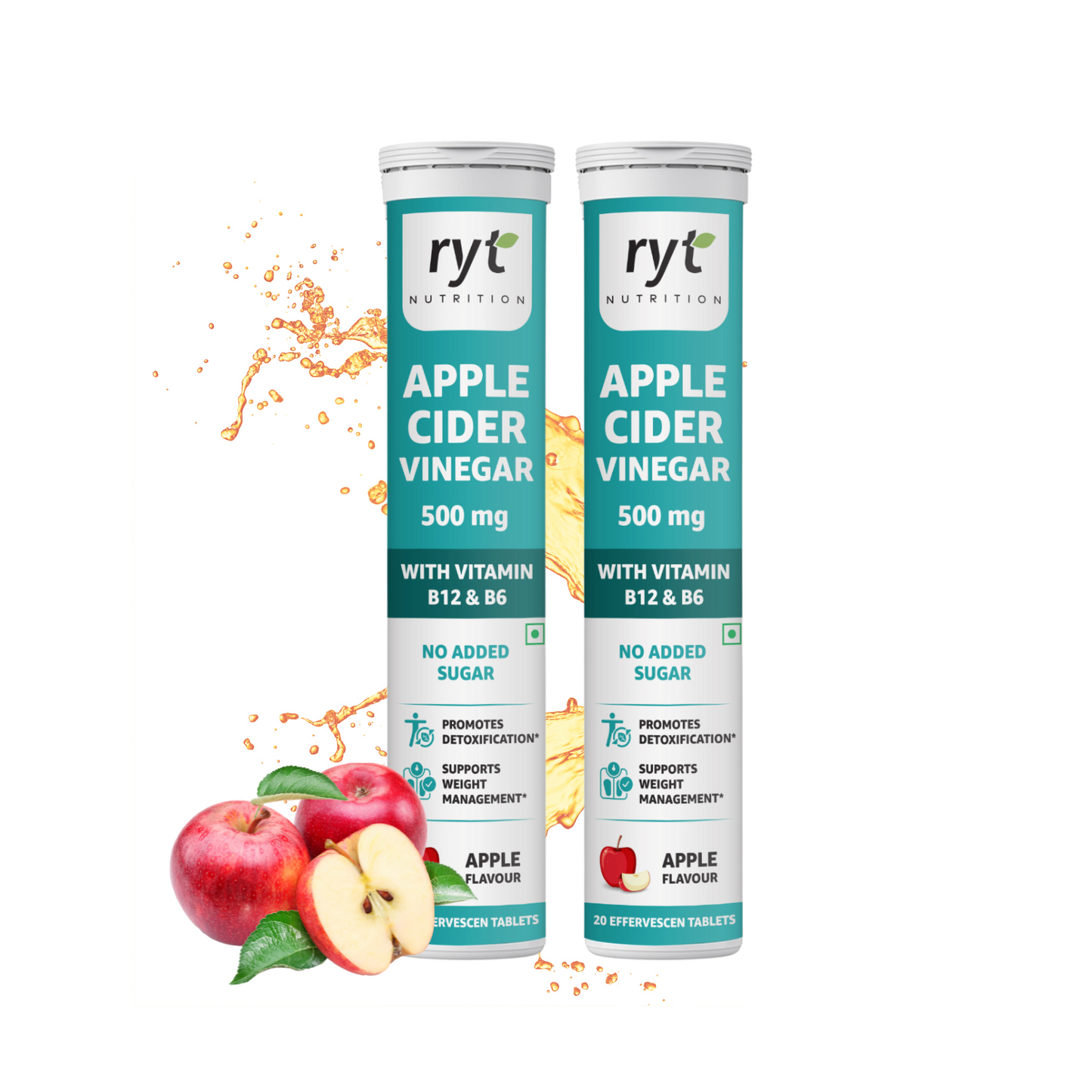 Apple Cider Vinegar Effervescent (500mg) - 20 Tablets (Apple Flavour), With Vitamin B12 & B6 | For Weight Management & Gut Health | No added Sugar | Easy to Carry & Consume