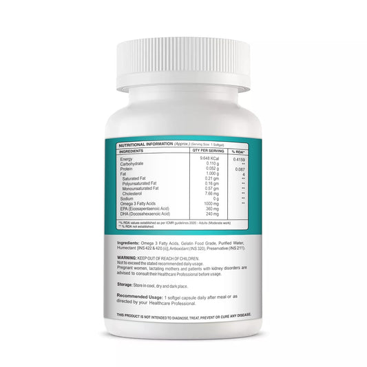 Omega 3 Double Strength Fish Oil for Men and Women (60 Capsules) | 1000mg Omega-3 with 36mg EPA & 240mg DHA | Supports Brain, Heart, Eye, and Joint Health.