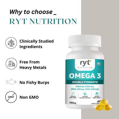 Omega 3 Double Strength Fish Oil for Men and Women (60 Capsules) | 1000mg Omega-3 with 36mg EPA & 240mg DHA | Supports Brain, Heart, Eye, and Joint Health.