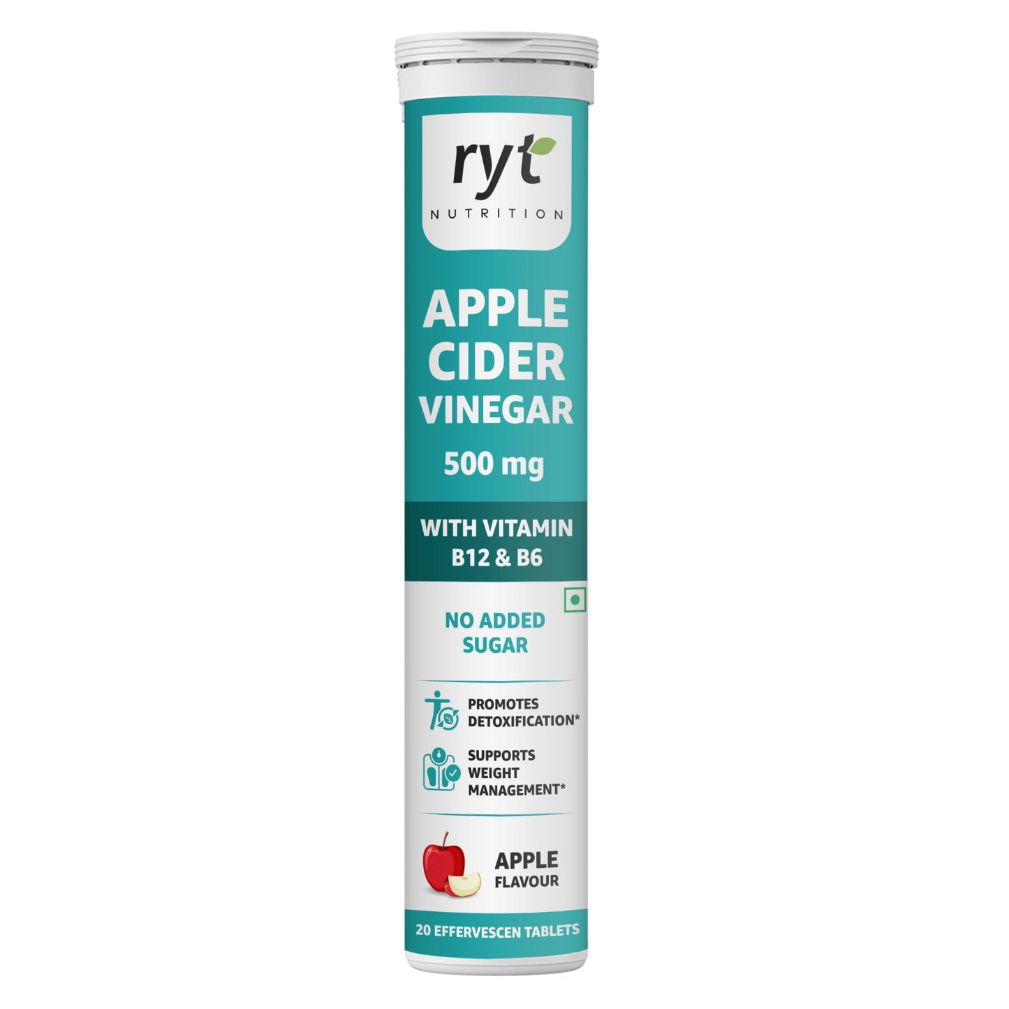 Apple Cider Vinegar Effervescent (500mg) - 20 Tablets (Apple Flavour), With Vitamin B12 & B6 | For Weight Management & Gut Health | No added Sugar | Easy to Carry & Consume