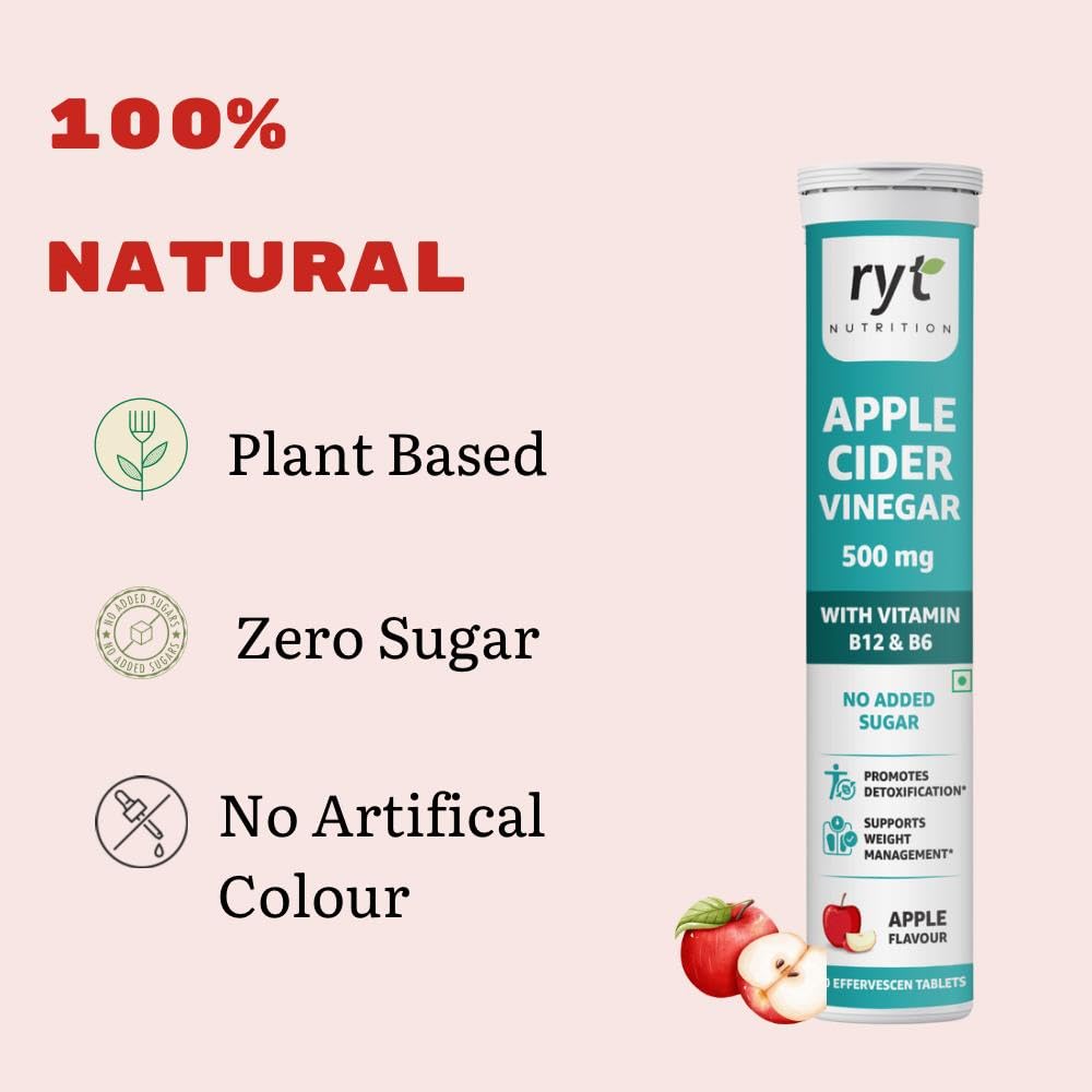Apple Cider Vinegar Effervescent (500mg) - 20 Tablets (Apple Flavour), With Vitamin B12 & B6 | For Weight Management & Gut Health | No added Sugar | Easy to Carry & Consume