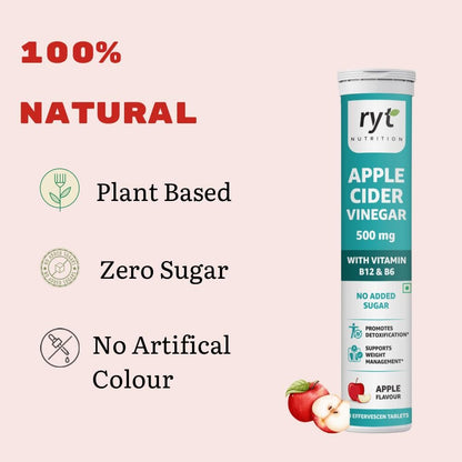 Apple Cider Vinegar Effervescent (500mg) - 20 Tablets (Apple Flavour), With Vitamin B12 & B6 | For Weight Management & Gut Health | No added Sugar | Easy to Carry & Consume
