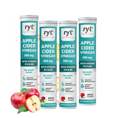 Apple Cider Vinegar Effervescent (500mg) - 20 Tablets (Apple Flavour), With Vitamin B12 & B6 | For Weight Management & Gut Health | No added Sugar | Easy to Carry & Consume